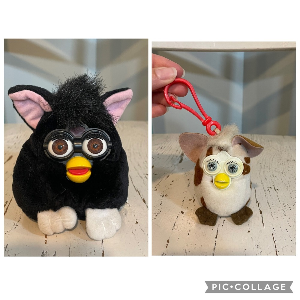 Tiger Electronics Furby‎ Buddies 1999 Black Tuxedo Plush & Spotted Keychain Set
